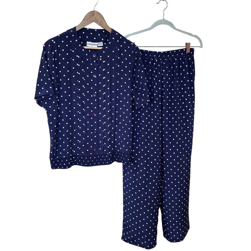 Alfred Dunner Womens Vintage Polka Dot Pants Set Size 8 Blue Smocked Hem Pleated